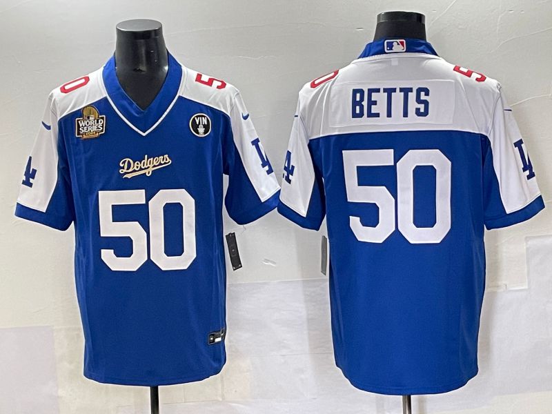 Men 2025 Los Angeles Dodgers 50 Betts Blue white Nike MLB Jersey style 7073